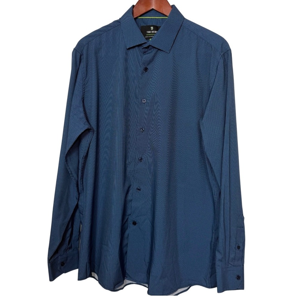 Tom Baine Performance Shirt Men XL 17-17.5 Slim Blue Micro Dot Stretch Geometric
